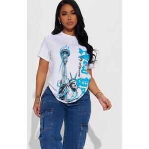 Fashion Nova City Of Dreams White Blue NY Graphic T-shirt Women's NWOT Small